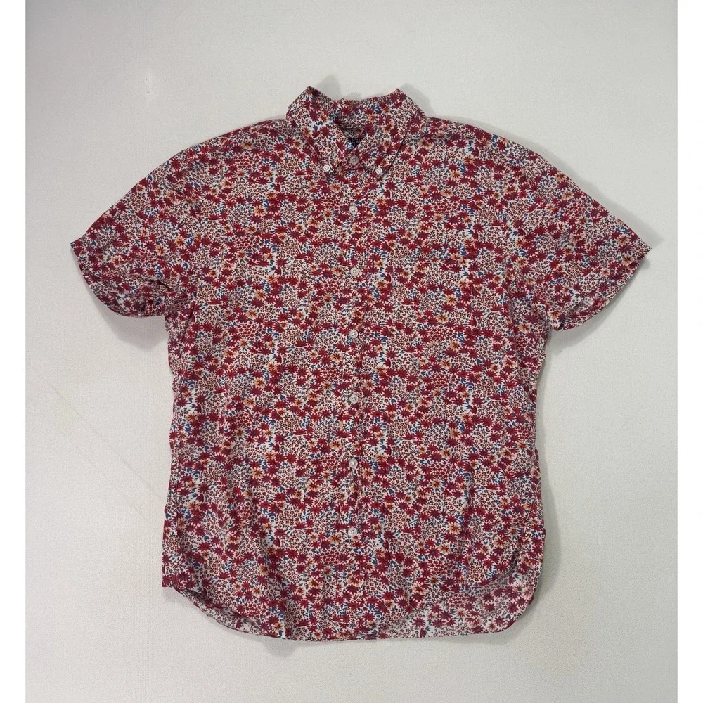 J Crew Mercantile Flex Men Medium Floral Button Shirt Red Vacation Modern Casual